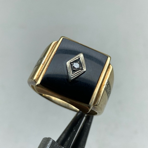 Vintage 10k Yellow Gold IHS Obsidian Mens Ring With Diamond Center Size 11 - Picture 15 of 16